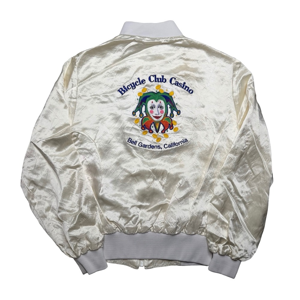 Vintage 90 Bicycle Club Casino Bell Gardens California white nylon jacket S